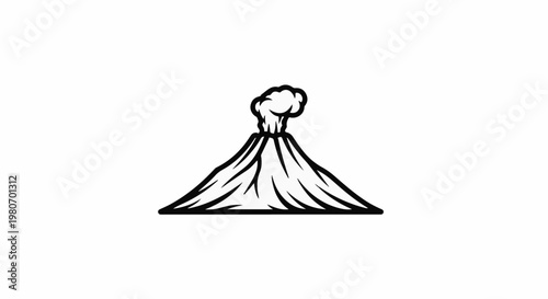 Stylized black and white drawing of a smoking volcano
