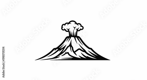 Stylized black and white illustration of a smoking volcano with mountain contours