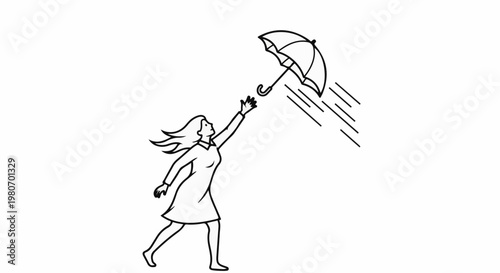 Woman reaching for umbrella in windy rain