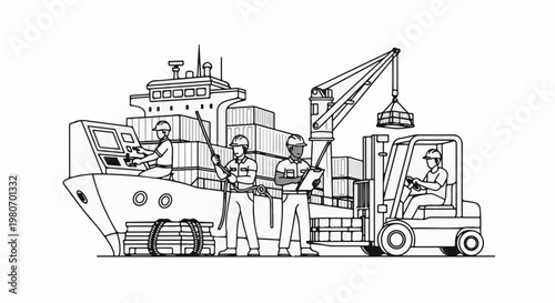 Workers at a container ship loading dock manage cargo with cranes and forklifts
