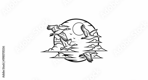 Stylized black and white illustration of geese flying through clouds at sunset