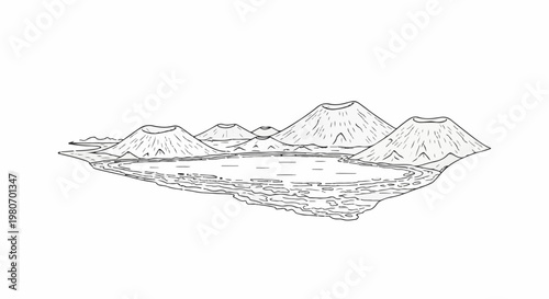 Sketch of volcanic cones surrounding a lake, black and white outline