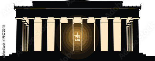 Stylized vector illustration of Lincoln Memorial landmark in Washington DC with glowing light for United States history travel and patriotism