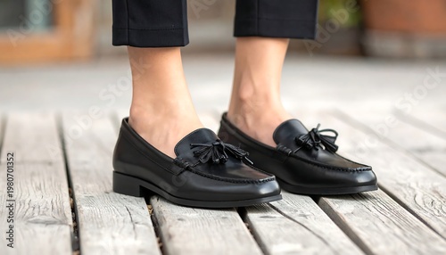 A person models black leather loafers, showcasing stylish footwear on a weathered wooden deck. The focus is on the shoes and the lower legs