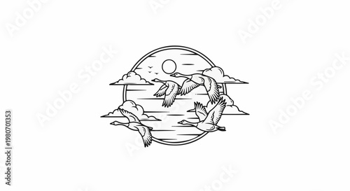 Flock of geese flying gracefully in a circular landscape with sun and clouds