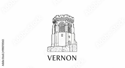Line drawing of a castle tower with crenellations and arched windows