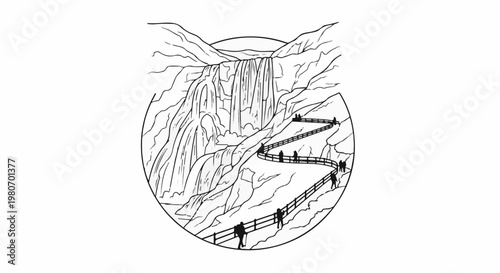 Winding path along a cliff face leads to a majestic cascading waterfall