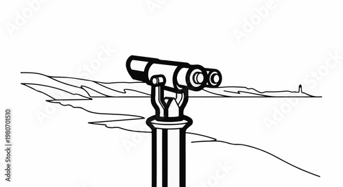 Telescopic viewer on a stand overlooks a distant shoreline with hills