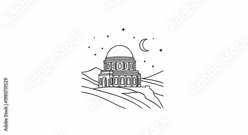 Stylized dome building on hill under crescent moon and stars