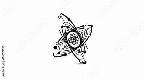 Abstract atomic structure illustration with orbiting elements
