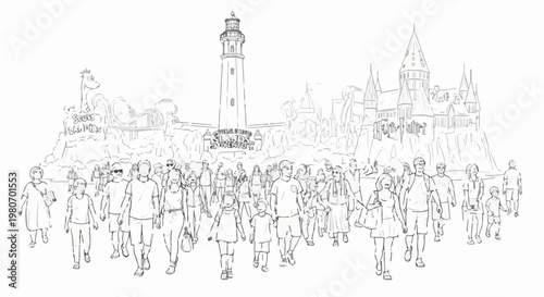 A sketched crowd walks past fantastical buildings including a castle and lighthouse