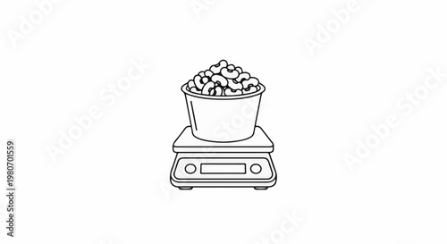 A digital scale displays the weight of a bucket brimming with cashew nuts