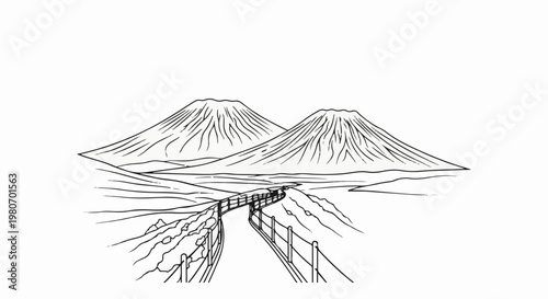 Winding path leads toward twin volcanic peaks under a vast sky