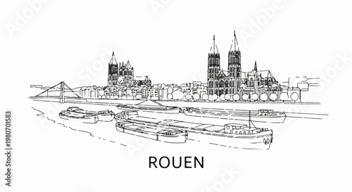 Sketch of a city skyline with cathedrals and barges on a river