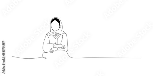 Minimalist continuous line drawing of a woman wearing a traditional hijab head covering garment Vector, illustration