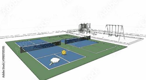 Outdoor recreation area with pickleball courts and playground