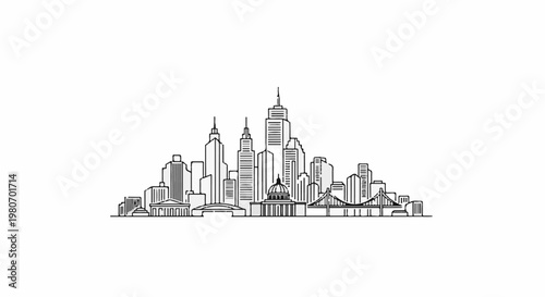 Stylized monochrome cityscape with prominent skyscrapers and bridges