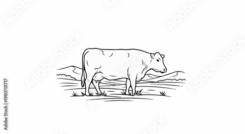 A line drawing of a cow standing in a field with rolling hills