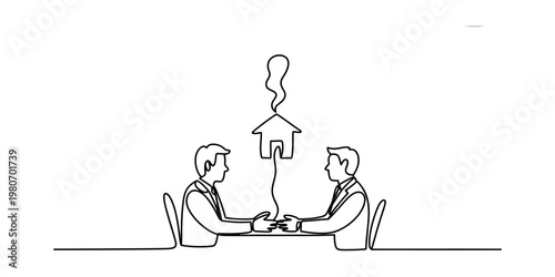 A single continuous line drawing of two businessmen sitting at a table discussing a house deal Vector, illustration