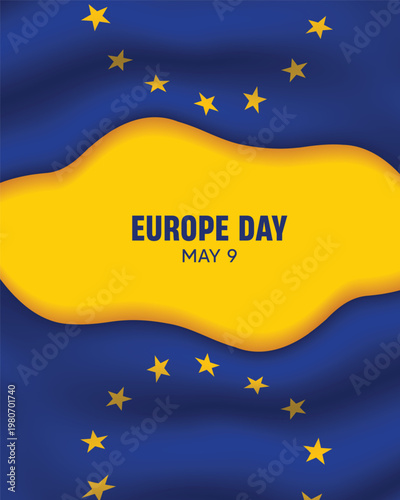 Europe Day banner with waving flag and European Union symbolic stars vector poster