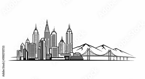 Stylized cityscape with skyscrapers, a suspension bridge, and mountain peaks in the background