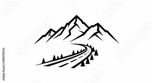 Winding road leads through trees towards sharp, angular mountains