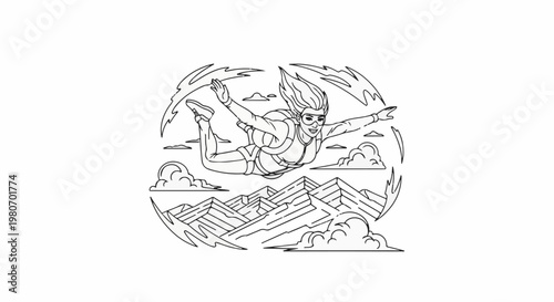 Woman skydiving over mountains, hair flying, surrounded by clouds and stylized air currents