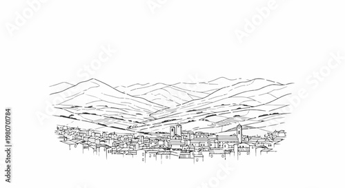 Stylized sketch of a hillside town nestled among rolling hills and mountains