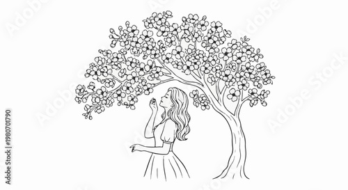 Woman smelling a flower under a blooming tree