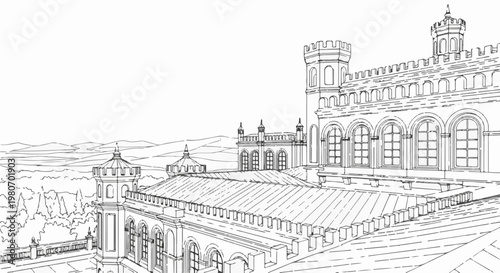 A sketch of a grand architectural complex with towers and arched windows