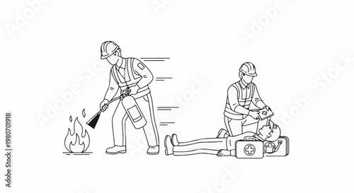 Workers respond to emergencies, one extinguishing fire, the other providing aid