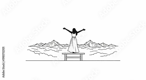 Woman with arms outstretched on a bench before mountains