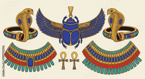 Ancient Egyptian symbols winged scarab, cobras, ankhs, and ornate collars