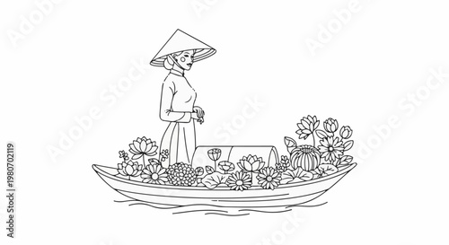 Woman in traditional conical hat on a boat adorned with blooming lotus flowers