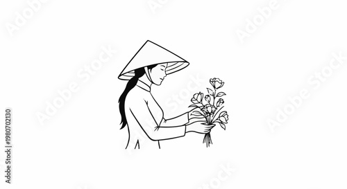 Artistic sketch of a woman in a conical hat holding a bouquet of flowers