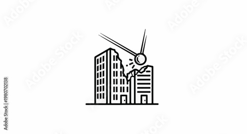 Wrecking ball demolishing apartment buildings