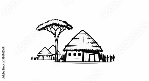 Stylized sketch of African huts and a large tree with silhouetted figures