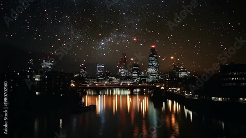Stunning night skyline of a city illuminated by stars, reflecting on a calm river