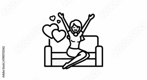 Woman with arms raised, sitting on couch with hearts, happy expression