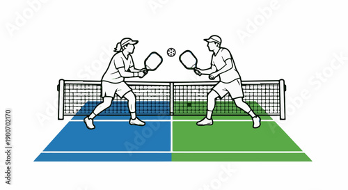 Two people playing pickleball on a court with a net and ball