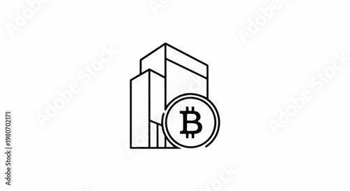 Stylized buildings with a bitcoin symbol overlay