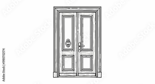 Detailed sketch of ornate double doors with a knocker and handle