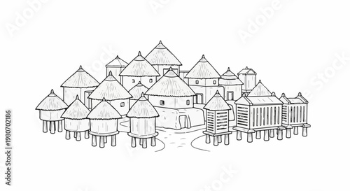 A village scene of various thatched-roof huts and granaries on stilts