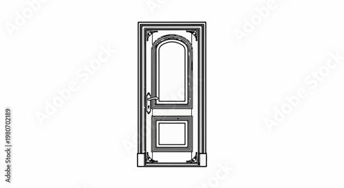 Ornate arched panel door with handle and decorative trim