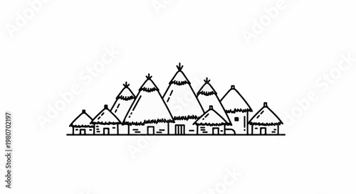 Village scene with thatched-roof huts in simple line art style