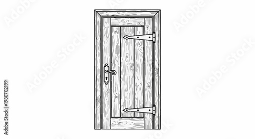 Hand-drawn illustration of a rustic wooden door with metal hinges and knob
