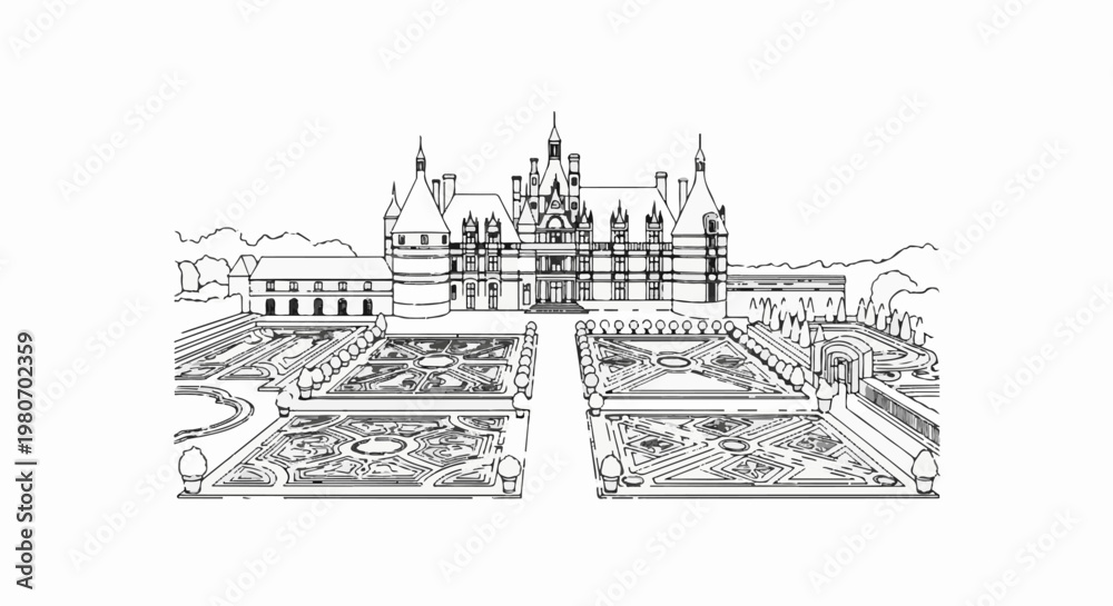Obraz premium Detailed line drawing of a grand chateau with formal gardens