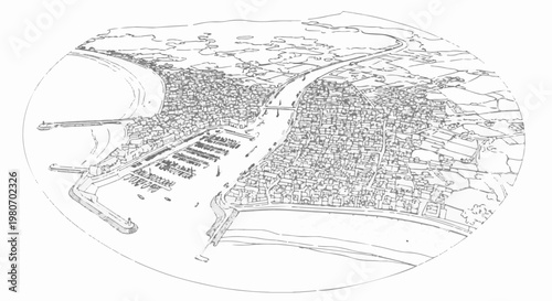 Aerial view sketch of a coastal town with a harbor and river
