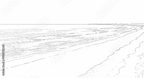 Minimalist sketch of a vast, calm sea meeting a sandy shore under an empty sky