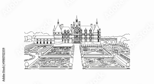 Detailed line drawing of a grand chateau with formal gardens